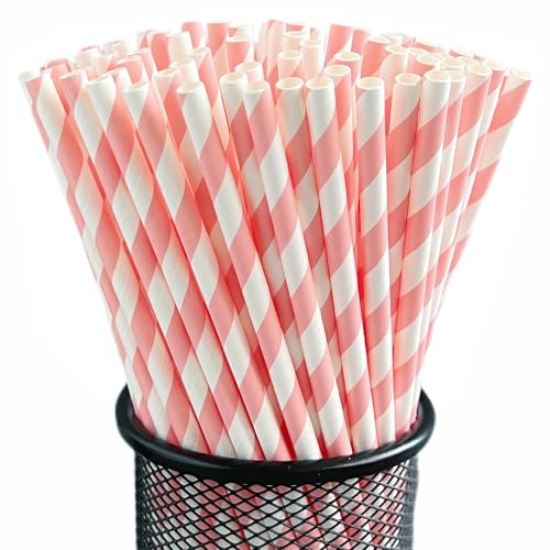 100 Pack Pink Paper Straws, Biodegradable Disposable Drinking Straws, Eco-Friendly Compostable Paper Straws for Birthday Party, Wedding, Baby Shower, Juices, Cocktails