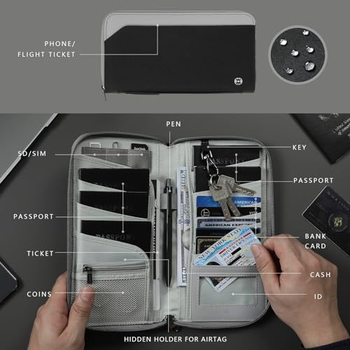 Travel Passport Holder for Family - RFID Large Travel Passport Wallet with Airtag & Card Holder Women Men, Lightweight Passport Cover Case Book Travel Document Organizer with Zipper Pocket,Black2