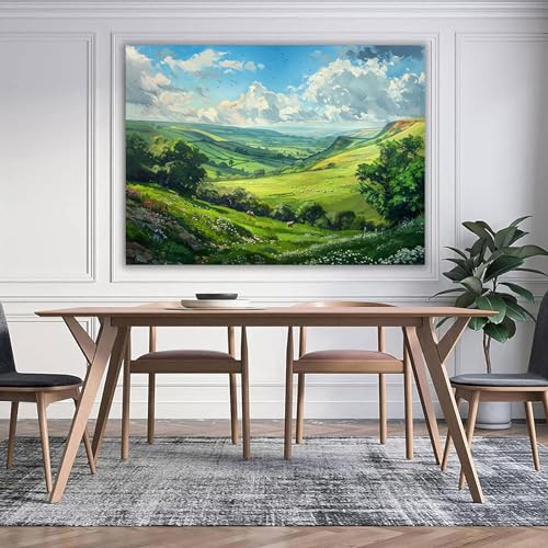Tableau paysage vallonné herbeux toile intissée 40x60cm encadrée pour salon