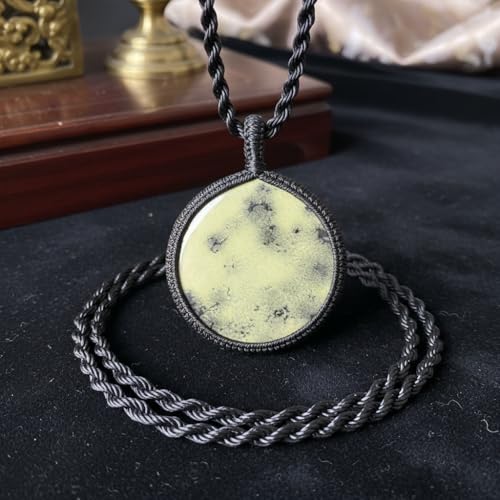 Collier pendentif rond en dendrite jaune naturelle chaîne cuir 45cm - 2