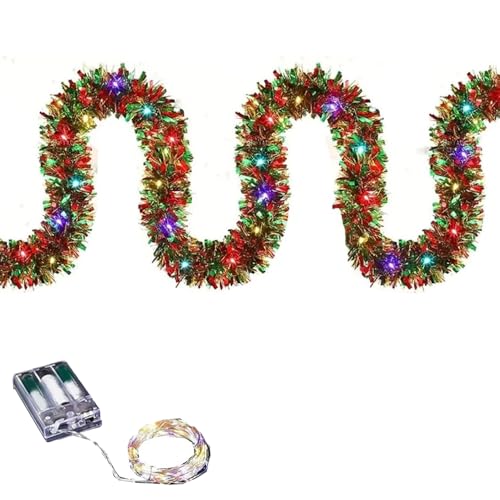 16.4ft Christmas Tinsel Garland with Lights, Metallic Christmas Tree Garland Shiny Party Tinsel Garland Hanging Decorations for Christmas Tree Decorations Wedding Birthday Party Supplies