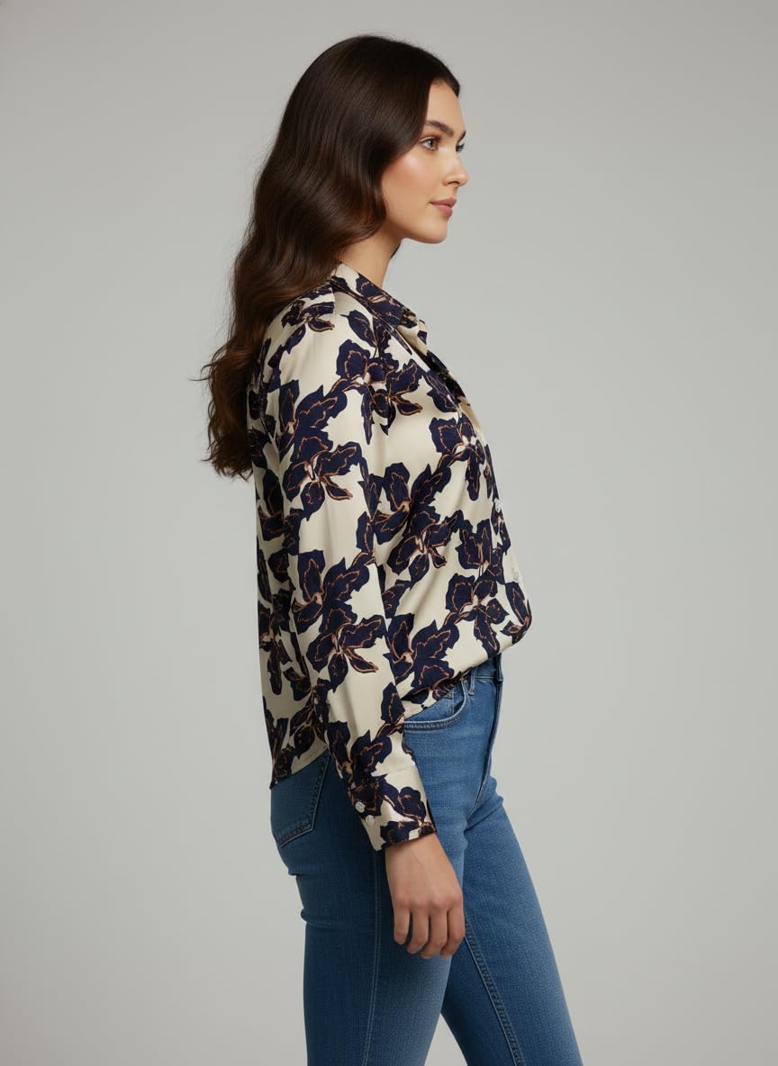 ANNI Designer Bedrucktes Damenhemd aus Baumwollmischgewebe, langärmelig, normale Passform, Hemdkragen, legere Bürokleidung, elegante Western-Kleidung für den Alltag, Hochzeit, Party