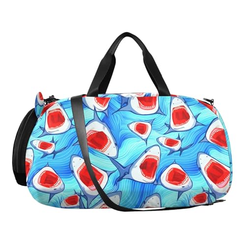 Sharks Blue Kids Travel Duffel Bag for Boys Girls Overnight Weekend Tote Bag with Shoes Compartment for Trip Beach Swim2