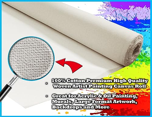 White 6 Yd Primed Canvas Roll 63\" Wide 7oz, Triple Gessoed Cotton Canvas Roll for Painting Large Cotton Rolled Canvas for Painting,Quality Artist Canvas Roll,Duck Canvas Roll,Painters Canvas Roll