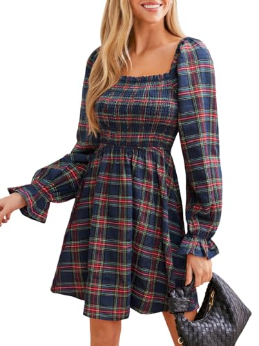 CUPSHE Damen Kleid Kariert Lange Puffärmel Herbst Freizeitkleider Gesmokt Rüschen A-Linie Party Mini Dress