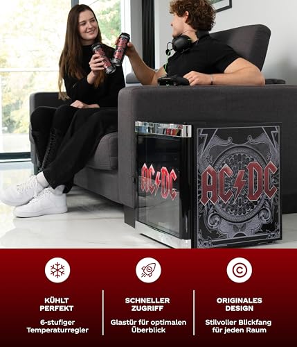 °CUBES AC/DC Mini Kühlschrank 48 L – Getränkekühlschrank mit Glastür & wechselbarem Türanschlag | Leise & energieeffizient (39 dB) | Perfekt für Bar, Büro & Gaming | Kult-Design für Rockfans