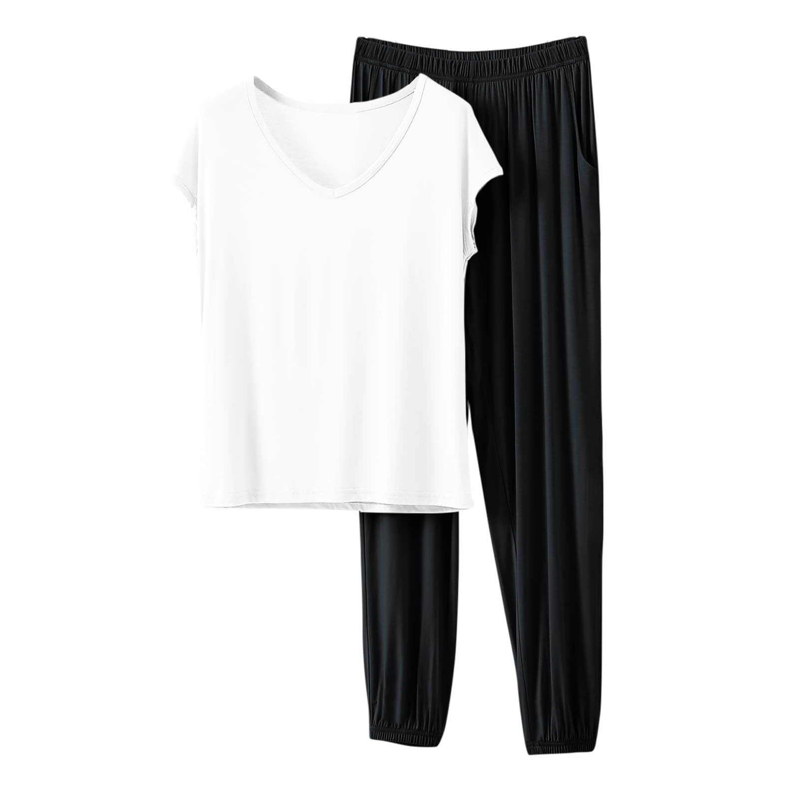 HGps8w Women's Modal Soft Summer Pajamas Sets, Loose V Neck Short Sleeve Top Joggers Pants Matching 2 Piece Lounge Outfits