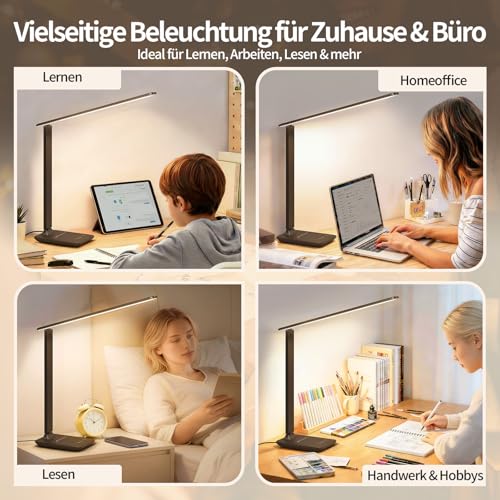 UPXNBOR Schreibtischlampe LED Dimmbar, Tischlampe mit Augenschutz & USB-Ladeanschluss, 5 Farbtemperaturen & 5 Helligkeitsstufen, Touch-Steuerung, faltbar, für Büro, Lesen und Homeoffice