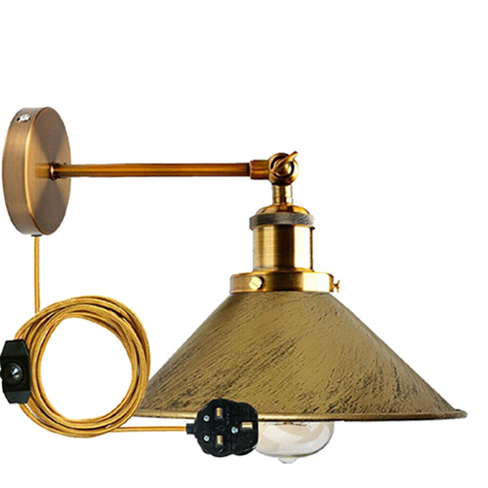 Retro Industrial Wall Light Plug in Pendant Inline On Off Dimmer Switch , E27 Swan Neck Wall Mount Sconce Metal Galvanized Bedside Reading Night Lamp, Bedroom. (With Out Bulb, Brushed Brass)