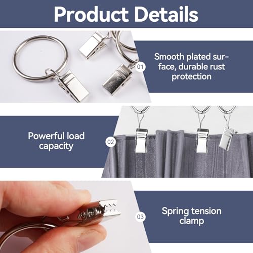 25 Stück Gardinenringe mit Clips 32mm Innendurchmesser Vorhangringe mit Clips, Duschvorhang Ringe Gardinen Clips, Vorhang Hängend Ringe, Gardinenringe Vorhangringe für Fenster Tür Duschvorhänge