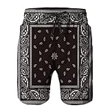 Men's Beach Board Shorts Pants,Floral Paisley Black Bandana Pattern Abstract Bandanna Border,Swim Trunks Quick Dry Mesh Lining Swimwear L
