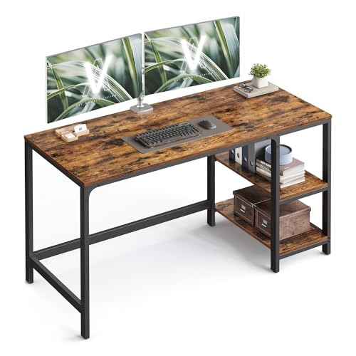 VASAGLE Escritorio, Mesa de Trabajo, 140 x 60 x 76cm, Estilo Moderno, para Estudio Dormitorio Salón Oficina, Marrón Rústico y Negro Tinta LWD55X