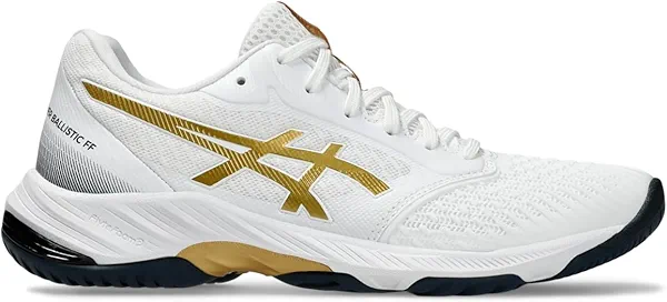 ASICS Women's Netburner Ballistic FlyteFoam 3 Volleyball Shoes, 10, White/Pure Gold