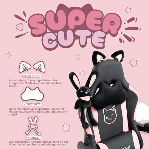 Dowinx Gaming Stuhl - Süße Katze Edition - Ergonomischer Computerstuhl mit Hoher Rückenlehne und Lendenwirbelstütze, PU-Leder, Fußstütze, Schwarz – Bild 5