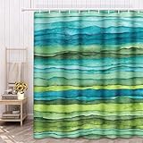 Emvency Shower Curtain Abstract Bright Blue and Green Waves Stripped Watercolor Brush Drawn Waterproof Polyester Fabric 72 x 72 inches Set with Hooks