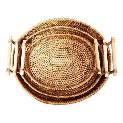amololo 3 Pack Rattan Serving Trays with Wooden Handle, 9, 11, 13 Inch Brown Basket Tray with 3”Raised Side, Wicker Fruit Basket Woven Bread Bowl Tray Catch All Dish Décor for Corner Table, S M L Cover