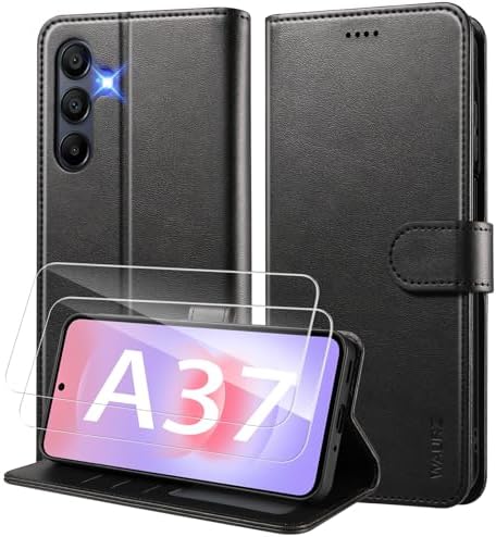 WAURZ Hülle für Samsung Galaxy A37 5G Handyhülle,Schwarz | Klapphülle Klappbar Leder mit 2 Schutzglas Schutzfolie Kartenfach, Stoßfest Schutzhülle Tasche Flip Case Handytasche Cove