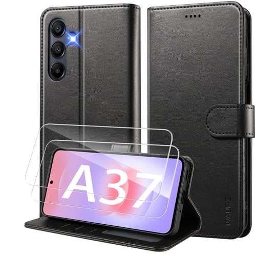 WAURZ Coque pour Samsung Galaxy A37 5G Etui avec 2 Verre Trempé Porte Carte Clapet à Rabat Portefeuille Cuir Case Housse Protection Flip Cover Étui,Noir