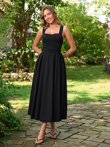 JKMNAO Women Wedding Guest Corset Midi Dress Summer Flowy A Line Crossing Straps Tea Party Dresses for 2026 Black — view 5