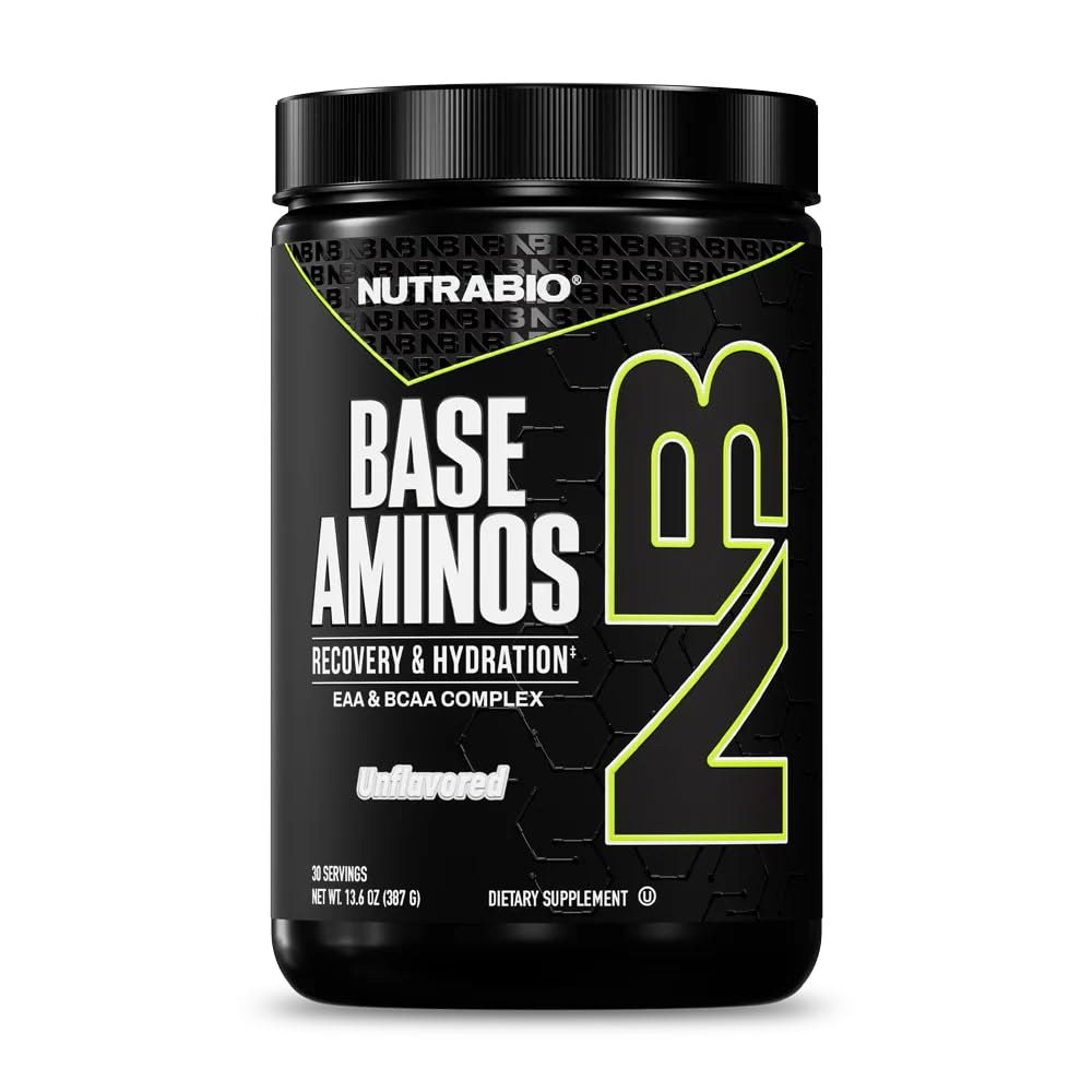 NutraBio Base Aminos EAA + BCAA Powder –10g Essential Amino Acids Supplement, 6g 2:1:1 BCAAs, 2.8g Hydration Matrix with Electrolytes & Absorption Enhancer AstraGin® – 30 Servings- Unflavored