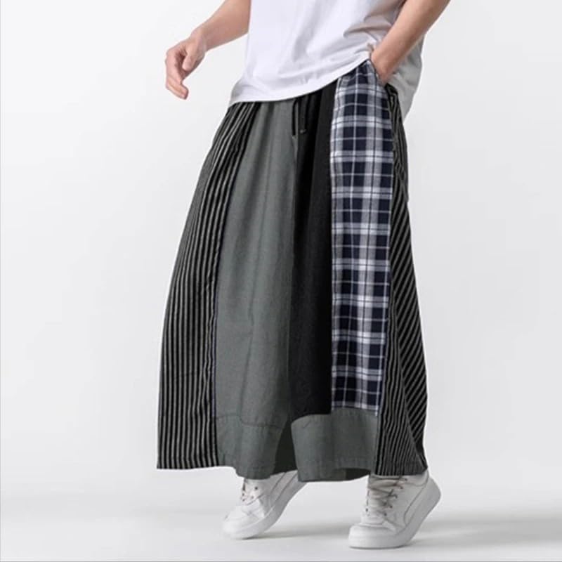 Men Wide Leg Pants Striped Plaid Patchwork Elastic Waist Joggers Trousers Streetwear Casual Male Pants4