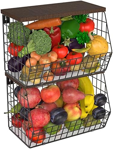 2pcs Fruit Basket Onion Storage Wire Baskets with Wood Lid, Multifunctional Stackable Wall-mounted & Countertop Tiered Kitchen Counter Organizer for Snack Fruit and Vegetable Storage Kitchen Storage