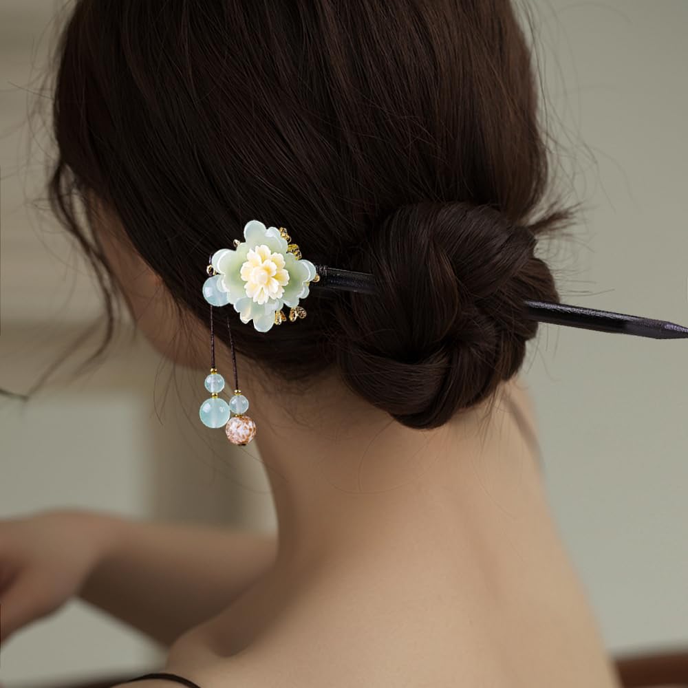 Yitexin 2 Pcs Wooden Chinese Hair Sticks for Long Hair Vintage Retro Hair Chopsticks for Women Bun Elegant Flower Tassel Chinese Hair Pins Chignon (Cymbidium) - Image 4