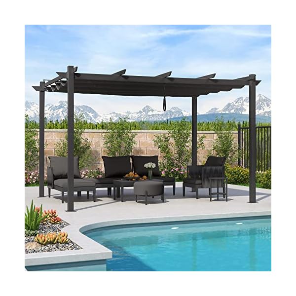PURPLE LEAF Outdoor Retractable Pergola with Sun Shade Canopy 10' x 13' Patio Aluminum Pergola Shelter for Backyard Deck Garden Modern Metal Grill Gazebo, Gray