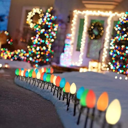 Image of C7 Multicolor Christmas Lights Outdoor, 25Ft Incandescent Christmas Outdoor String Lights with 27 Multicolor Ceramic Bulbs Vintage Christmas Lights for Roofline Patio Xmas Tree Party Garden Decoration