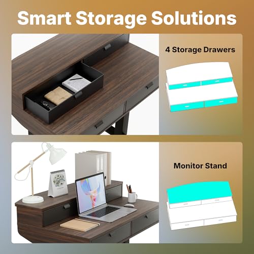 Image of HUANUO 32 X 20 inch Electric Standing Desk with 4 Drawers, Adjustable Height Sit Stand Home Office Desk, C-Clamp Mount Compatible, Ergonomic Stand up Desk with 4 Preset Heights, Walnut