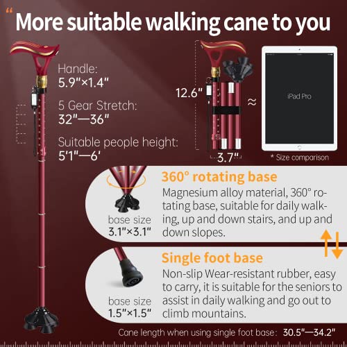 ispuoocti Folding Cane, Smart Alarm Foldable Cane with Light, Fashion Walking Cane for Women&Men, Adjustable Canes for Seniors, USB Direct Charging, Lightweight and Portable (Red)