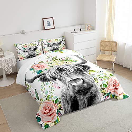Loussiesd Highland Cow Bedding Set Kids Rose Floral Bull Cattle Duvet for Girls Teens Western Wildlife Animal Comforter Farmhouse Duvet Set Room Decor Quilt Set Single Size - Image 3