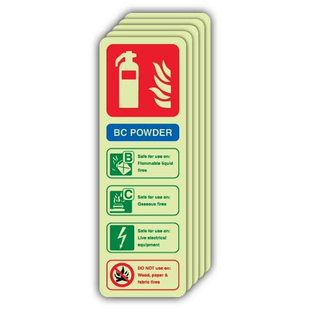 V Safety Photoluminescent BC Powder Fire Extinguisher Safety Sign - 100 x 300 mm - 1.2mm Rigid Plastic - Double Glow