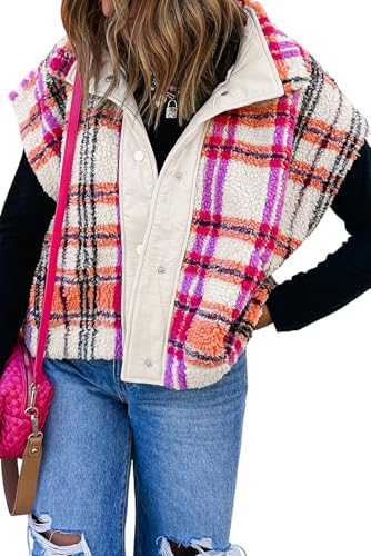 EARKOHA Womens Sleeveless Top Rose Sherpa Plaid Jacket Vest
