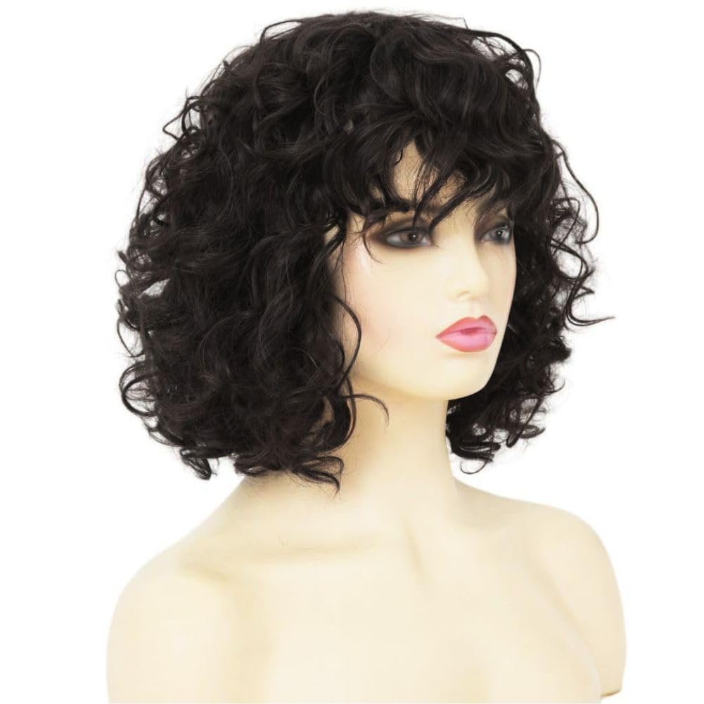 Black Short Curly Wigs for Women with Bangs Shoulder Length Heat Resistant Synthetic Daily Costume Hair Wig - Image 3