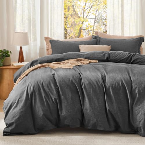 Image of Bedsure Comforter Set Queen Size - Cotton Fabric with Microfiber Inner Fill, Dark Grey PureWoven Soft Bed Set for All Seasons, 3 Pieces, 1 Comforter (90 inchx90 inch) and 2 Pillow Cases (20 inchx26 inch)