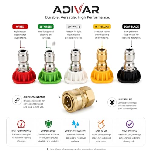Image of AD-AC150 5-Piece 1 /4-Inch Quick Connect Universal Pressure Washer Degree Nozzle Tips (0, 15, 25, 40, 65) With 1 /4-Inch Quick Connector, 4500 PSI, Suitable for All High Pressure Car Washers