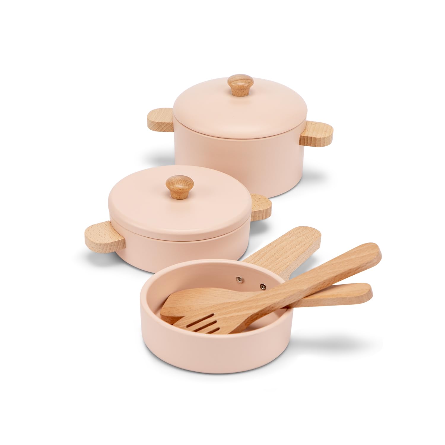 Woet® Juguete de Cocina de Madera para Niños Pequeños – Set de Ollas y Sartenes Rosa 7 Piezas – Accesorios de Cocina Infantil – A Partir de 2 Años – Regalo Infantil