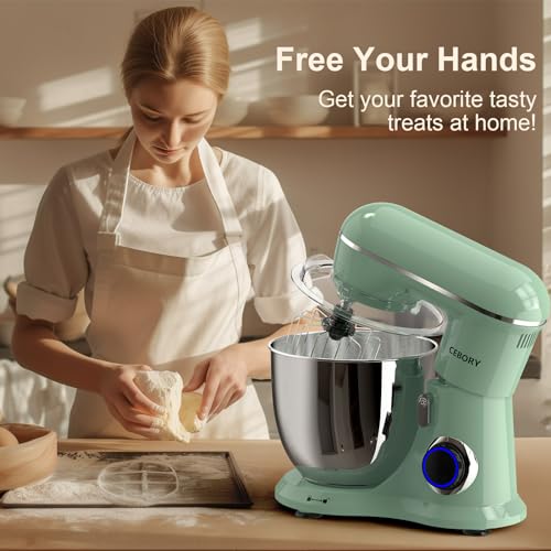 Image of CEBORY 3-IN-1 Electric Stand Mixer, 6.5QT Bowl 660W 10-Speed Kitchen Mixer, Household Food Mixers include Dough Hook, Beater and Whisk, Bread Cake Mixer for Baking and Most Home Cooks, Agave Green