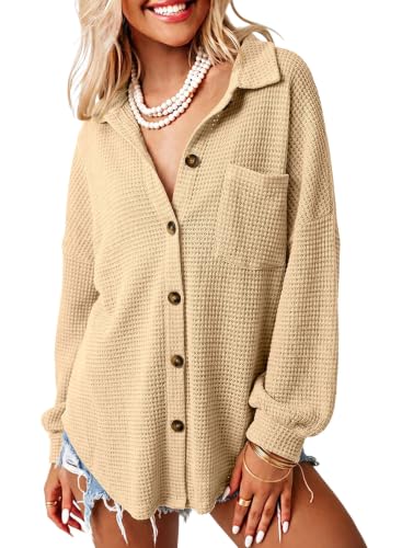 Image of Dokotoo Womens Waffle Knit Shacket Jacket Casual Button Down Shirts Tops | Long Sleeve,Loose Fit,Boyfriend Style,Collared V Neck,Fall Cardiga,Outwear with Pockets