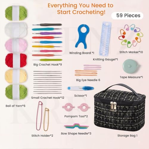 Image of KRENZ Crochet Kit for Beginners Adults, Crochet Kits Include Yarn, 59pcs Crochet Starter Kit for Beginners Kids,Ergonomic Crochet Hooks 2.0-6.0 mm, Lace Steel Needles 0.6-1.9 mm (Black Gold)