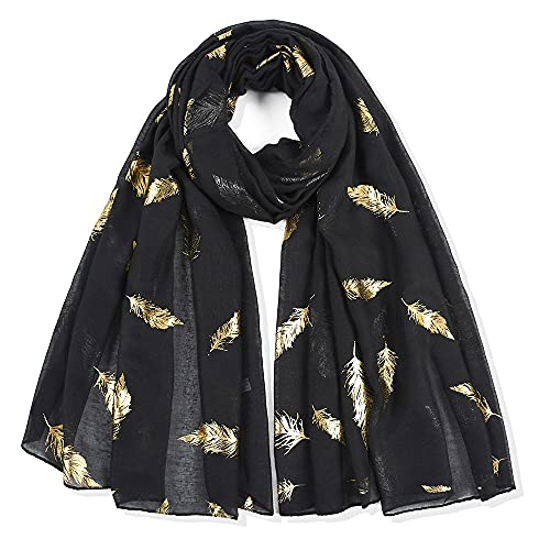 Gold Feather Print Scarf, Cotton Linen Blend Shawl, Fashion Wrap for Women, Available in Pink, Black, and Red