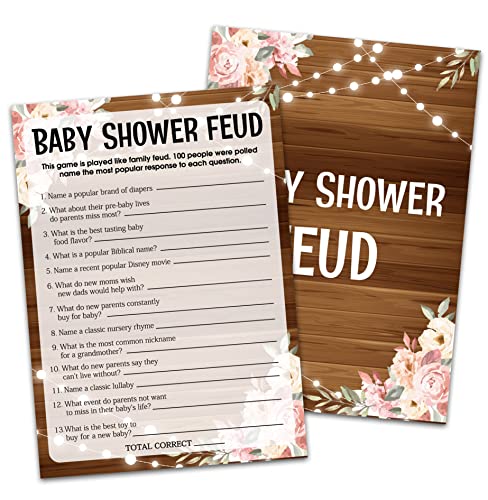Baby Shower Game Cards, Baby Shower Feud Game, Rustic Wood Pink Floral Party Cards For Gender Neutral Boys or Girls, Set of 30 Cards(Brown004)