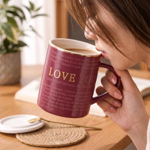 Image of BonZeal Love You Ceramic Coffee Mug with Lid & Gold Spoon, 350 ml, Romantic Gift Mug for Wife, Husband, Girlfriend, Boyfriend, Anniversary, Birthday, Valentine's Day, Tea & Coffee Cup