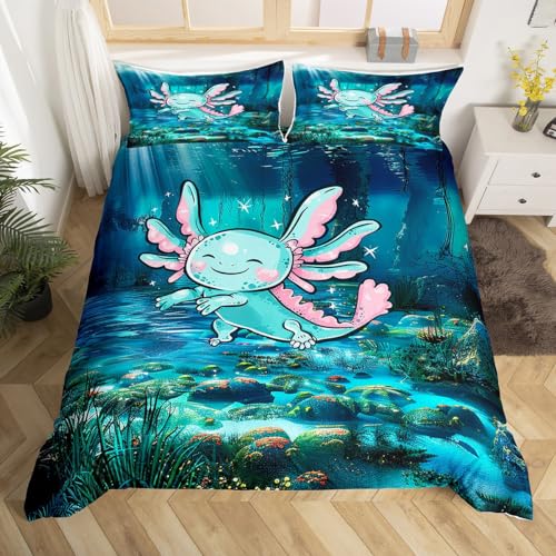 Kawaii Axolotl Bedding Set Twin Size,Cute Marine Life Ocean Animal Teal Blue Duvet Cover with 1 Pillow Comforter Cover(No Filler) for Kids,Undersea World Coral Seaweed Quilt Cover Set 2 Pcs