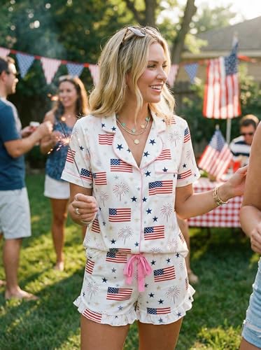 Image of KevaMolly Women Novelty Knotted Candy Cane Christmas Pajama Set | Christmas Floral Bow Print PJ Set, Button Lapel Knotted Drawstring Shorts with Convenient Side Pockets