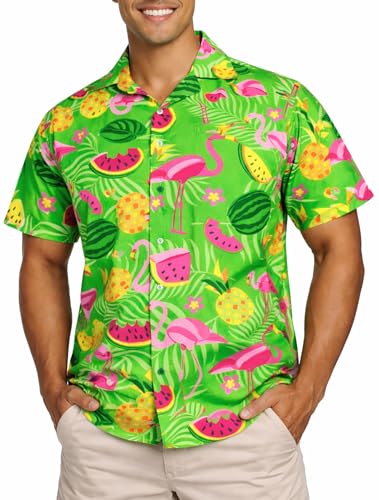 King Kameha Camisa Hawaiana Hombre de Manga Corta, Flamingo Melon, Verde, L