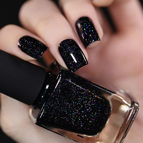 Image of ILNP Party Bus - Black Rainbow Flake Holographic Shimmer Nail Polish, Chip Resistant, 7-Free, Non-Toxic, Vegan, Cruelty Free, 12ml