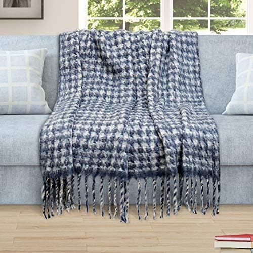 YOUNG ARC Woollen Mohair Throw Blanket with Tassels Basket Weave Lightweight Luxury Throws for Sofa Couch Chair Bedroom Travel Soft Warm Cozy Decor Plush Bed Blanket 51 x 67 inches Denim Blue