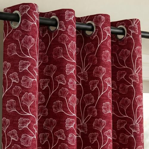 Image of Home Sizzler Ginkgo Leaf Eyelet Polyester Semi-Transparent Window Curtains - 5 Feet, Pack of 2, Deep Wine